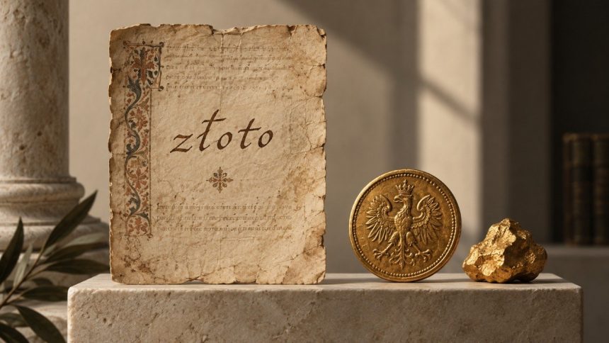 Skąd pochodzi słowo „złoto”? Wyjaśniamy jego prasłowiańskie i praindoeuropejskie korzenie, pierwotny związek z blaskiem i jasną barwą oraz drogę do dzisiejszego znaczenia w polszczyźnie.