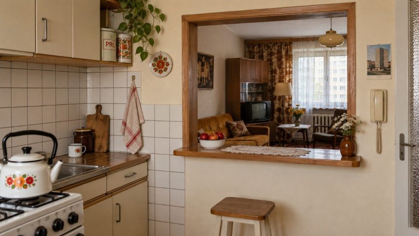 Okienko między kuchnią a pokojem w PRL nie było ozdobą. Wyjaśniamy, po co je projektowano, jak doświetlało ślepą kuchnię i dlaczego dziś często znika podczas remontów mieszkań z PRL-u.