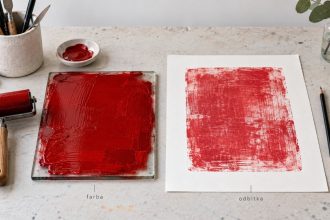 Czerwony kolor w monotypii może wyglądać inaczej na płycie i na papierze. Wyjaśniamy rolę pigmentu, grubości warstwy, podłoża, światła i nacisku oraz pokazujemy prosty eksperyment krok po kroku. dziś