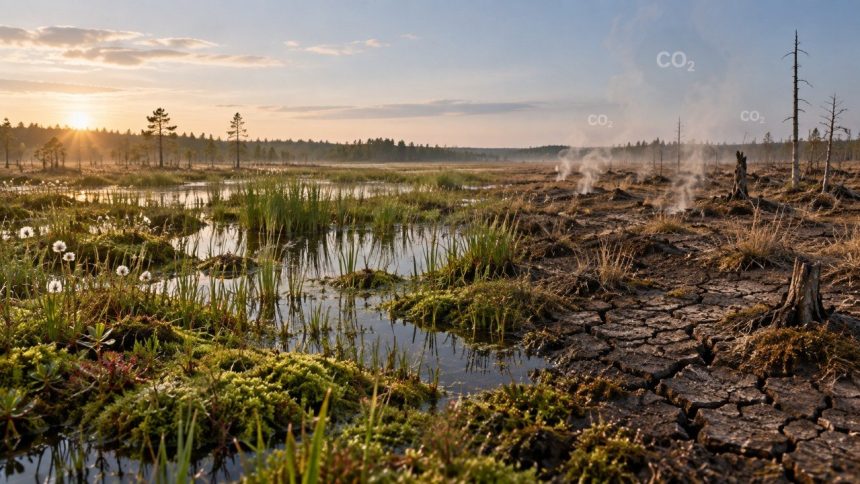 Osuszanie torfowisk uwalnia CO2, obniża retencję i niszczy siedliska. Sprawdź, ile węgla magazynują mokradła, jakie są skutki odwodnienia i dlaczego renaturyzacja ma znaczenie dla Polski i Europy UE.