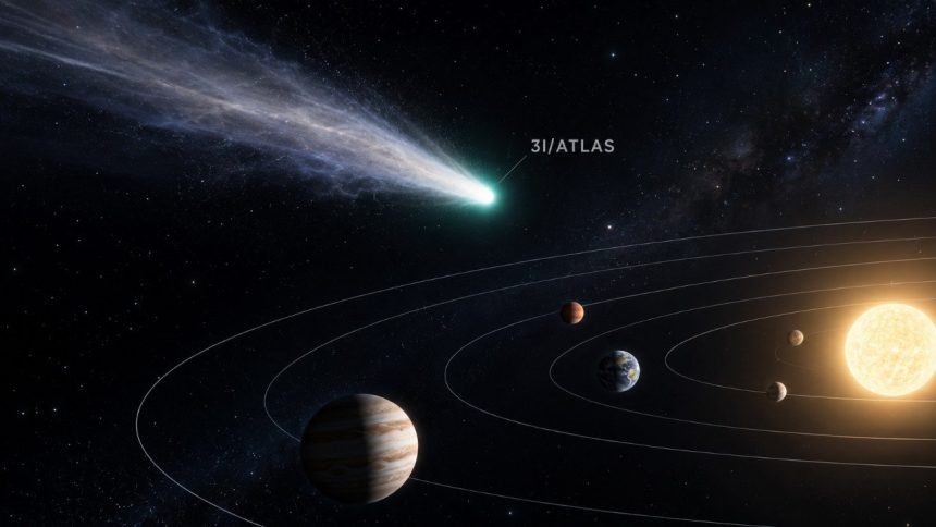 Kometa 3I/ATLAS przelatuje przez Układ Słoneczny. Wyjaśniamy, jak hiperboliczna trajektoria i prędkość około 58 km/s potwierdzają jej międzygwiezdne pochodzenie oraz co zmierzyły sondy NASA oraz ESA.