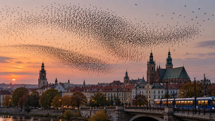 Ptaki zbierają się w duże stada nad polskimi miastami przed jesienną migracją. Wyjaśniamy zachowanie szpaków, gawronów i kawek, wspólne noclegi, murmuracje i terminy przelotów w Polsce.