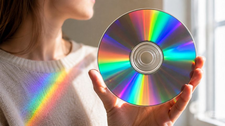 Dlaczego na płycie CD pojawia się tęcza? Odpowiadają za nią mikroskopijne ścieżki działające jak siatka dyfrakcyjna. Wyjaśniamy, jak CD rozdziela białe światło na kolory.